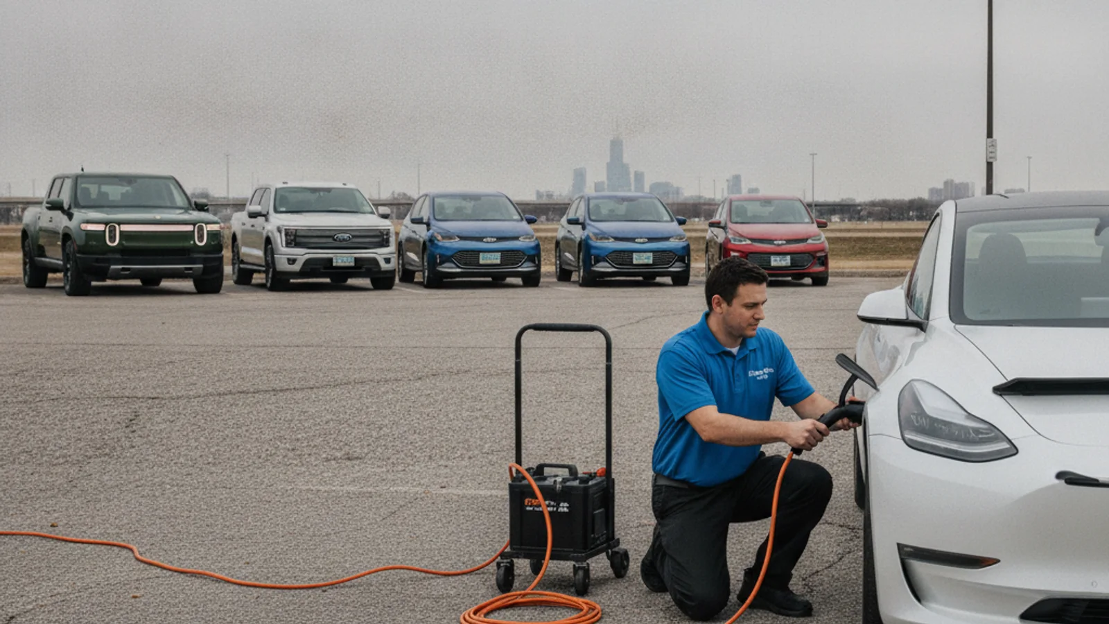 Parked electric vehicles beside a mobile charging van with a cable on the pavement