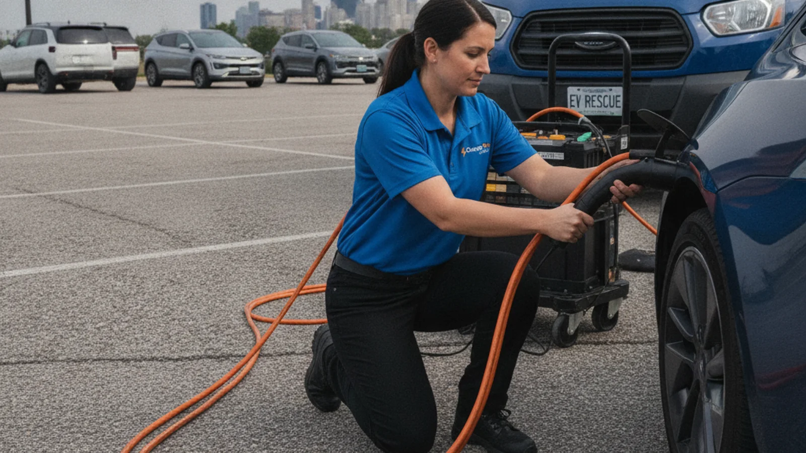 A technician tests a small 12-volt battery under an EV hood at the roadside