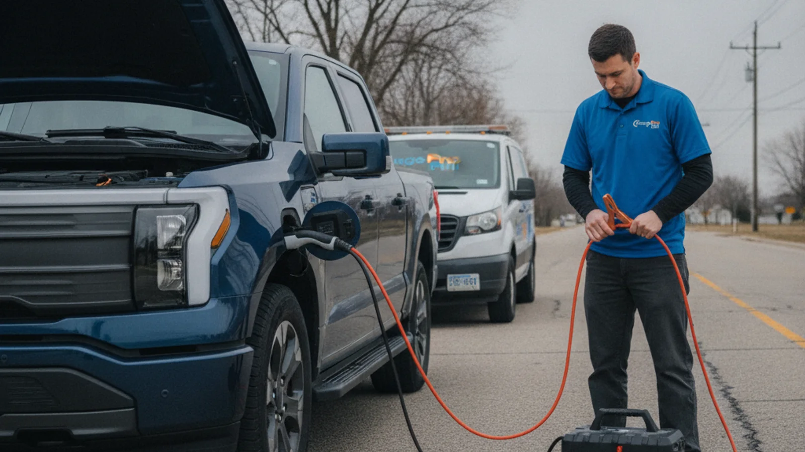 An electric pickup at the curb with the front trunk open and a rescue van beside it