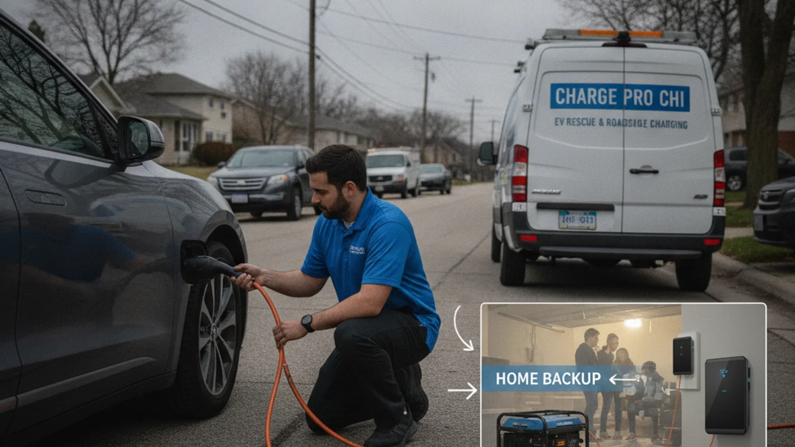 Split photo of a wall-mounted home battery with a red X, and a mobile charging truck boosting a stranded EV with a green check