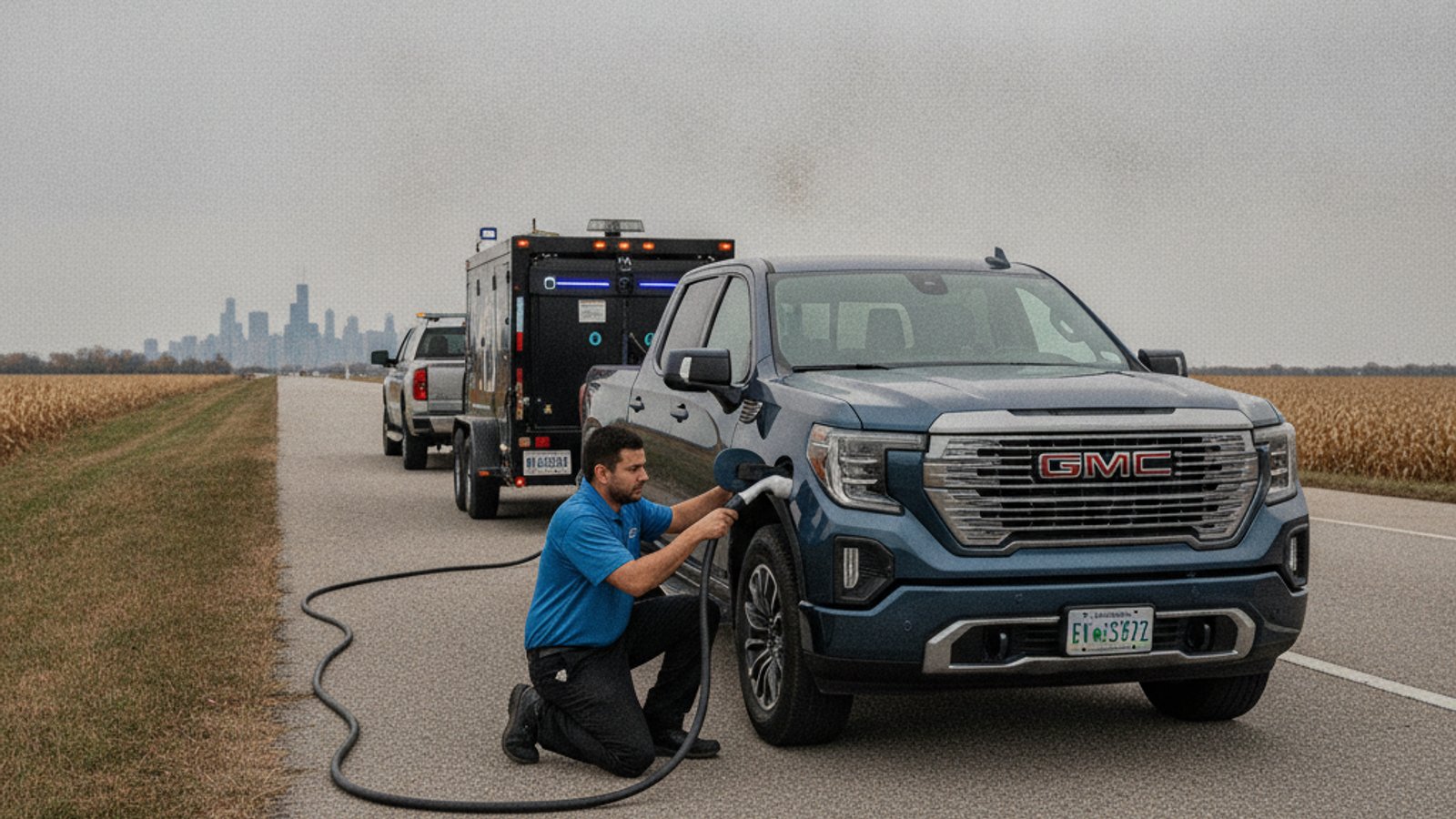 Pickup truck on a paved shoulder with hazard lights on and a person standing at the driver door