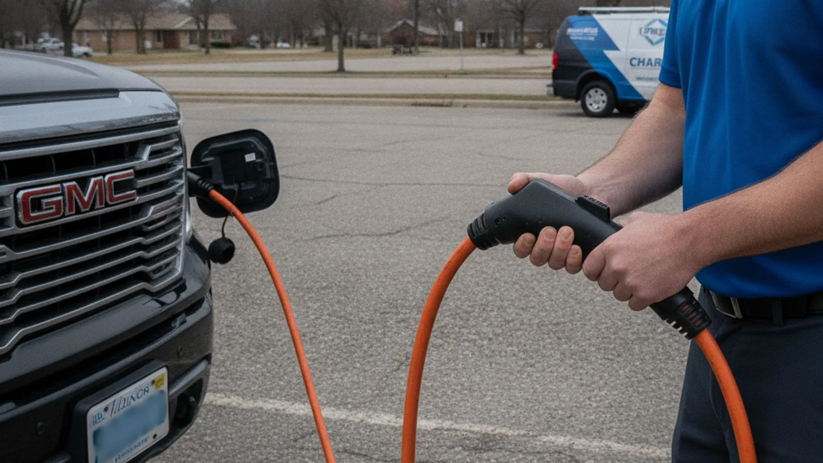 Charging cable plugged into an electric pickup while a work van sits behind it