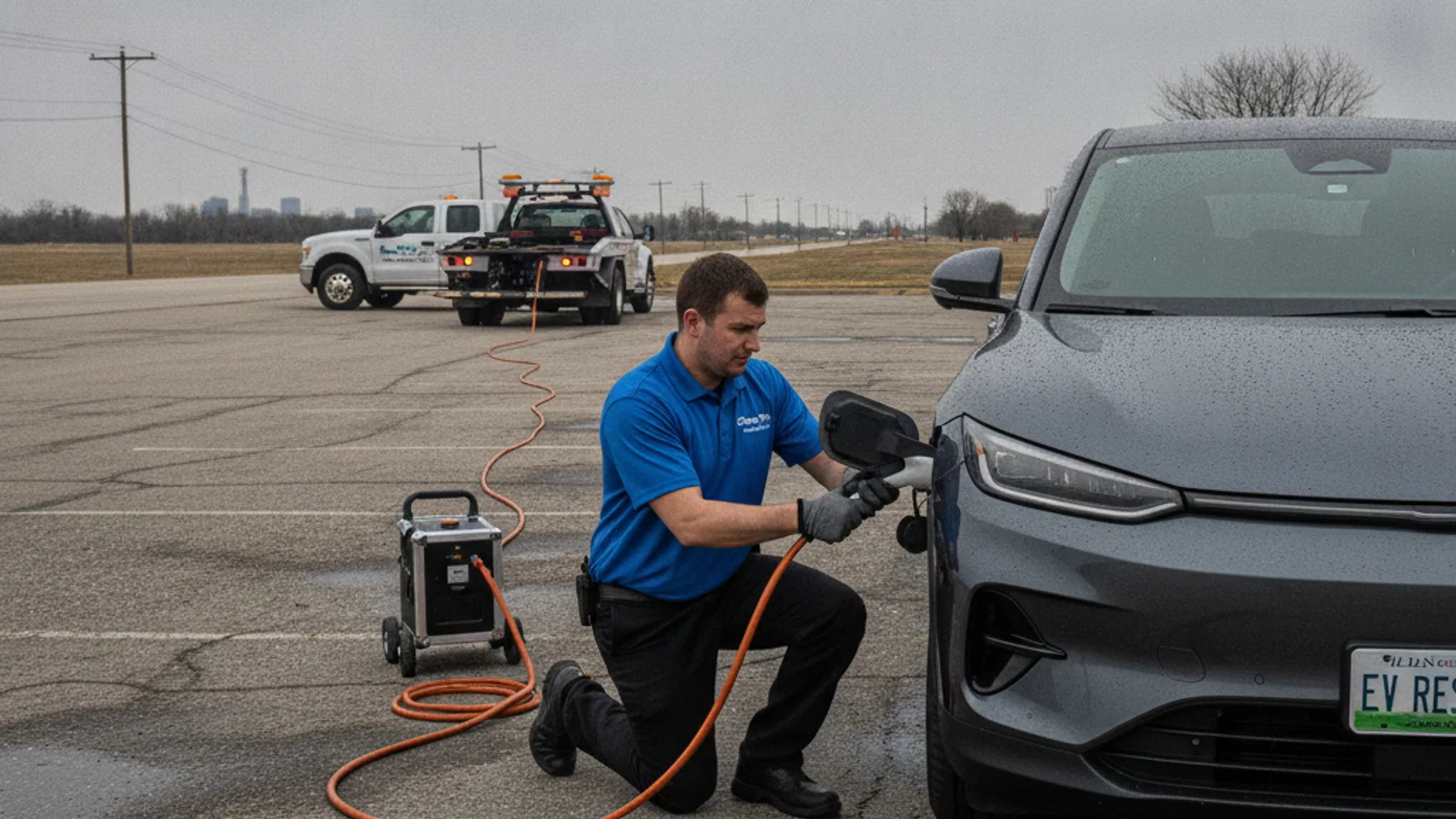 Flatbed tow truck loading an electric car on a roadside shoulder while a driver checks a phone