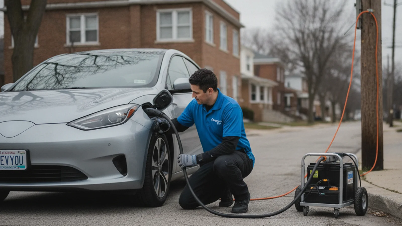 A rescue van parked beside an electric car with a cable plugged in at the curb
