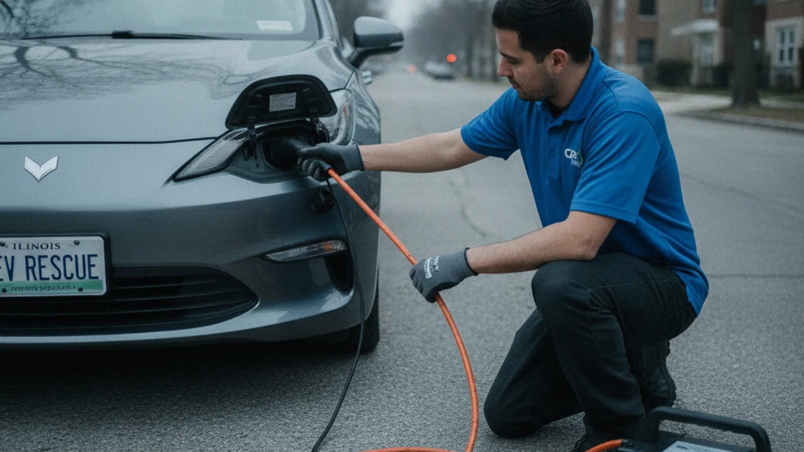 A charging connector seated in an electric vehicle port along a parked car