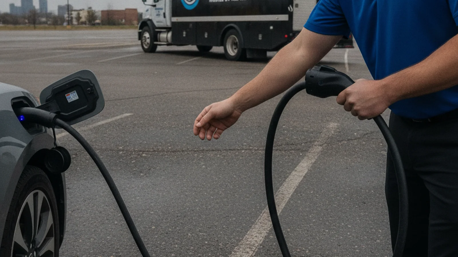Charging cables and portable power gear packed in the cargo area of a work van.