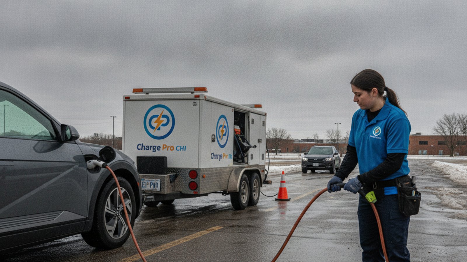 An electric crossover parked on a paved shoulder with a person standing by the closed charge port