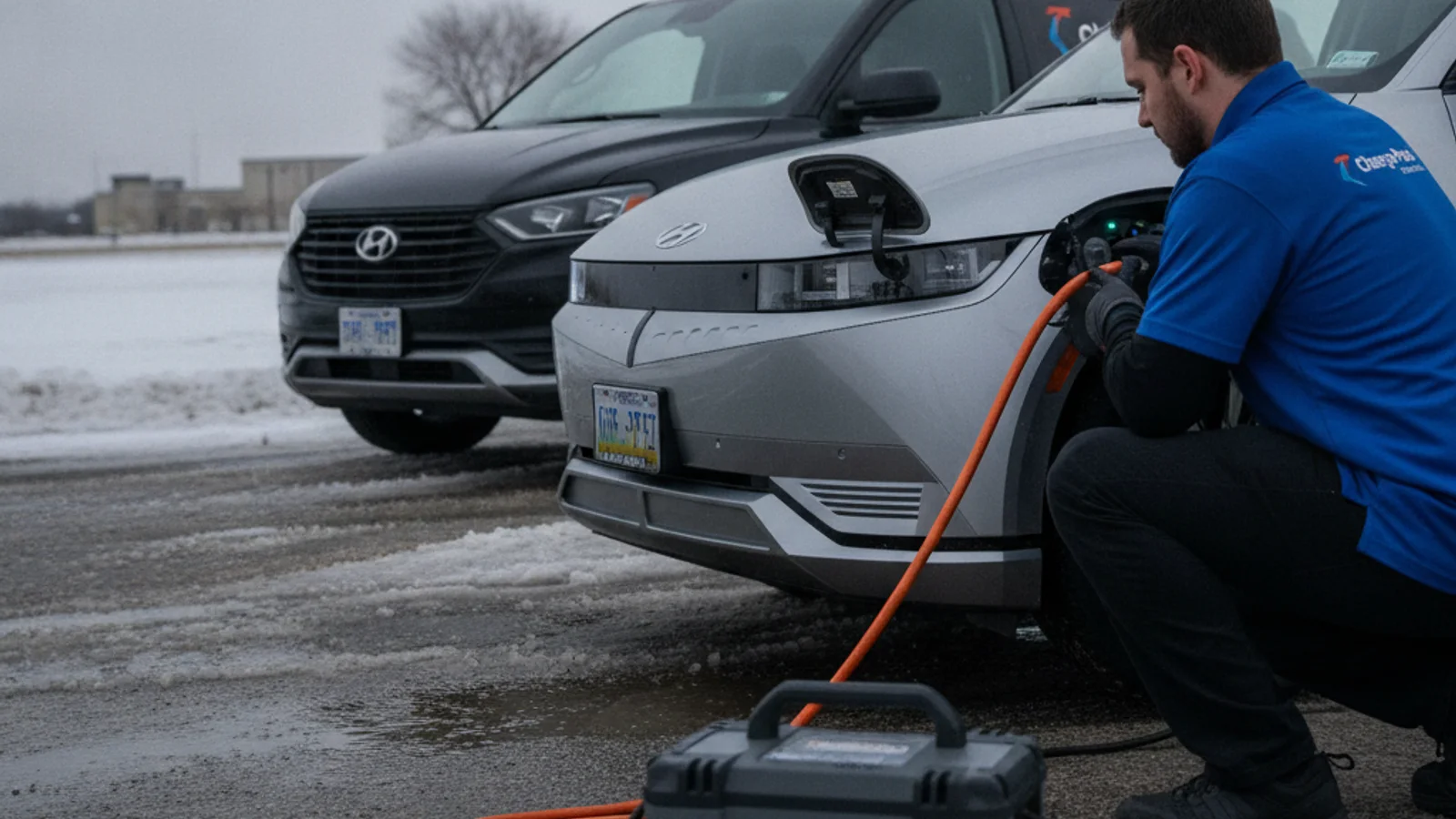 A charging cable connected to an electric crossover on a paved lot beside a work van