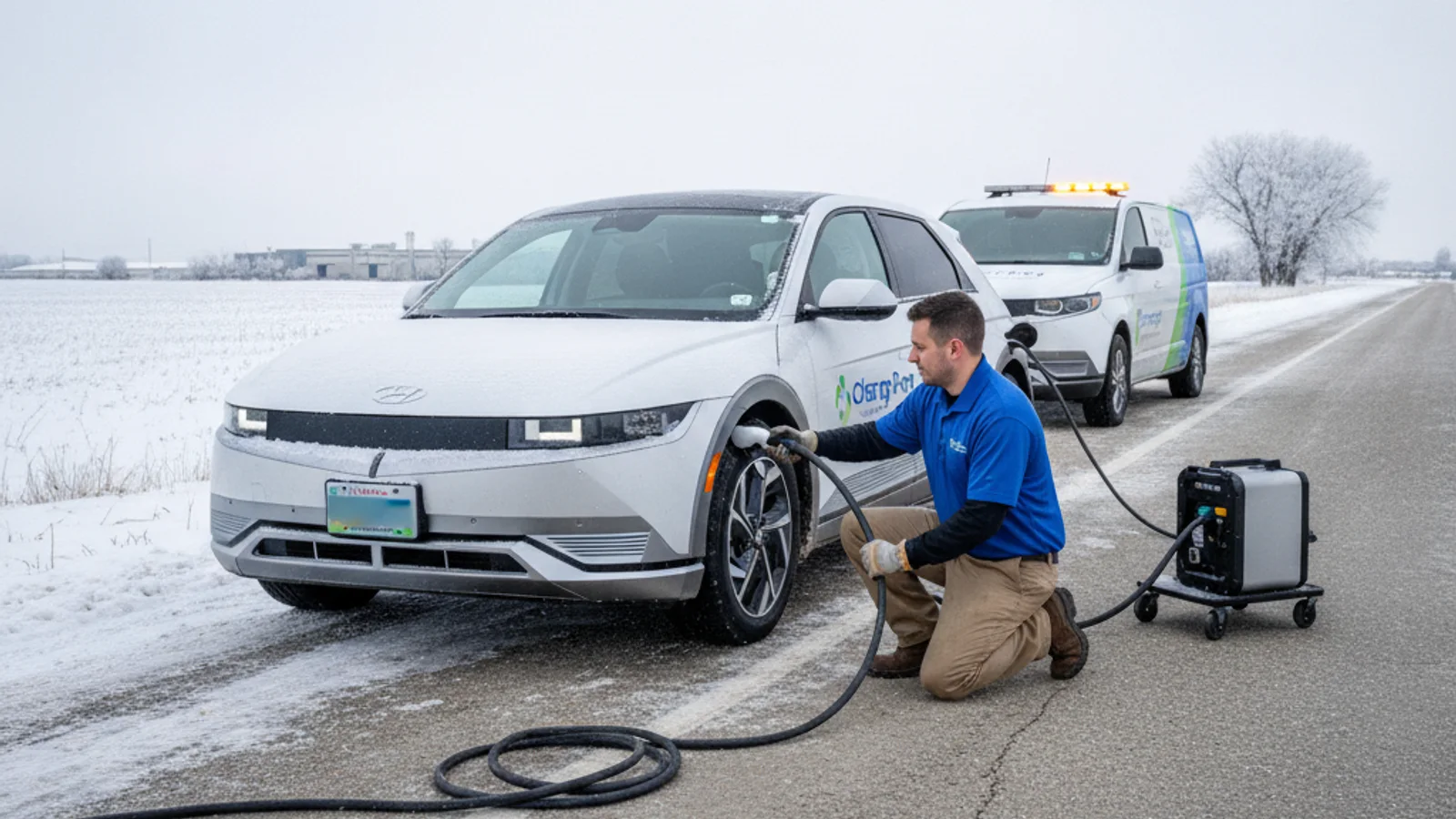 Hyundai Ioniq 5 plugged into a public DC fast charger at a roadside station