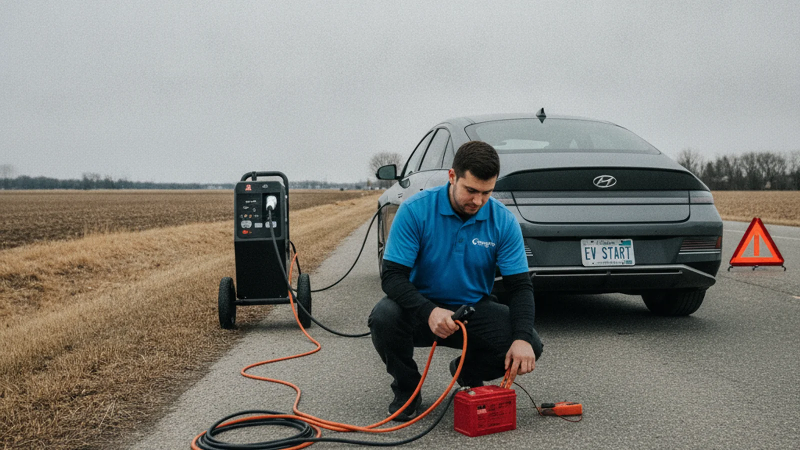 A roadside technician accessing an EV 12-volt auxiliary battery under a cargo panel