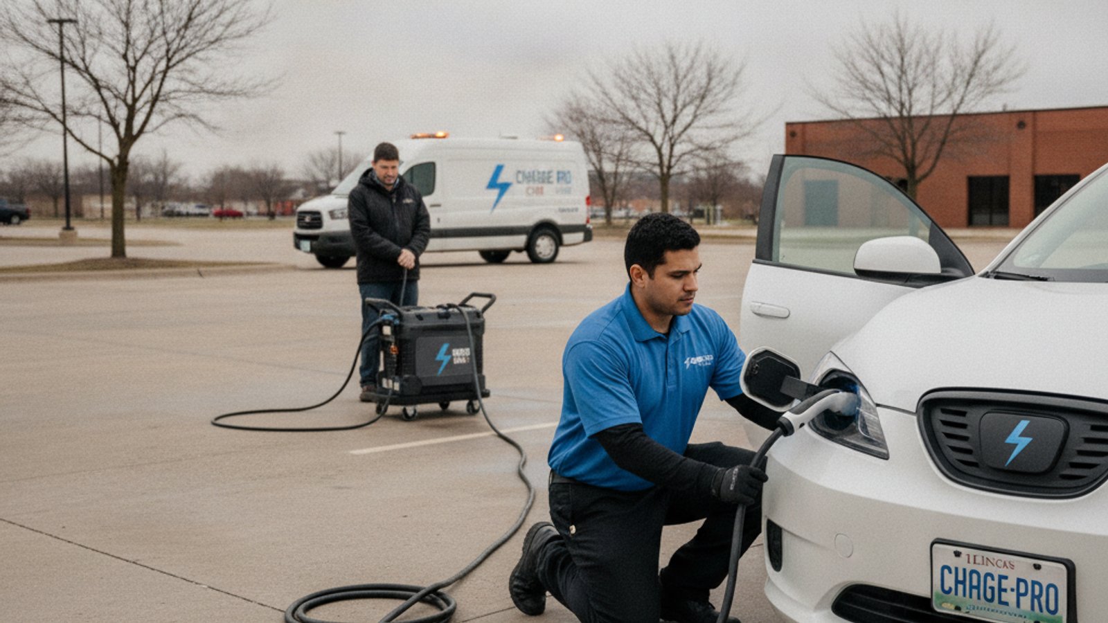 A roadside worker in a safety vest stands beside a dark SUV with a charging cable plugged in