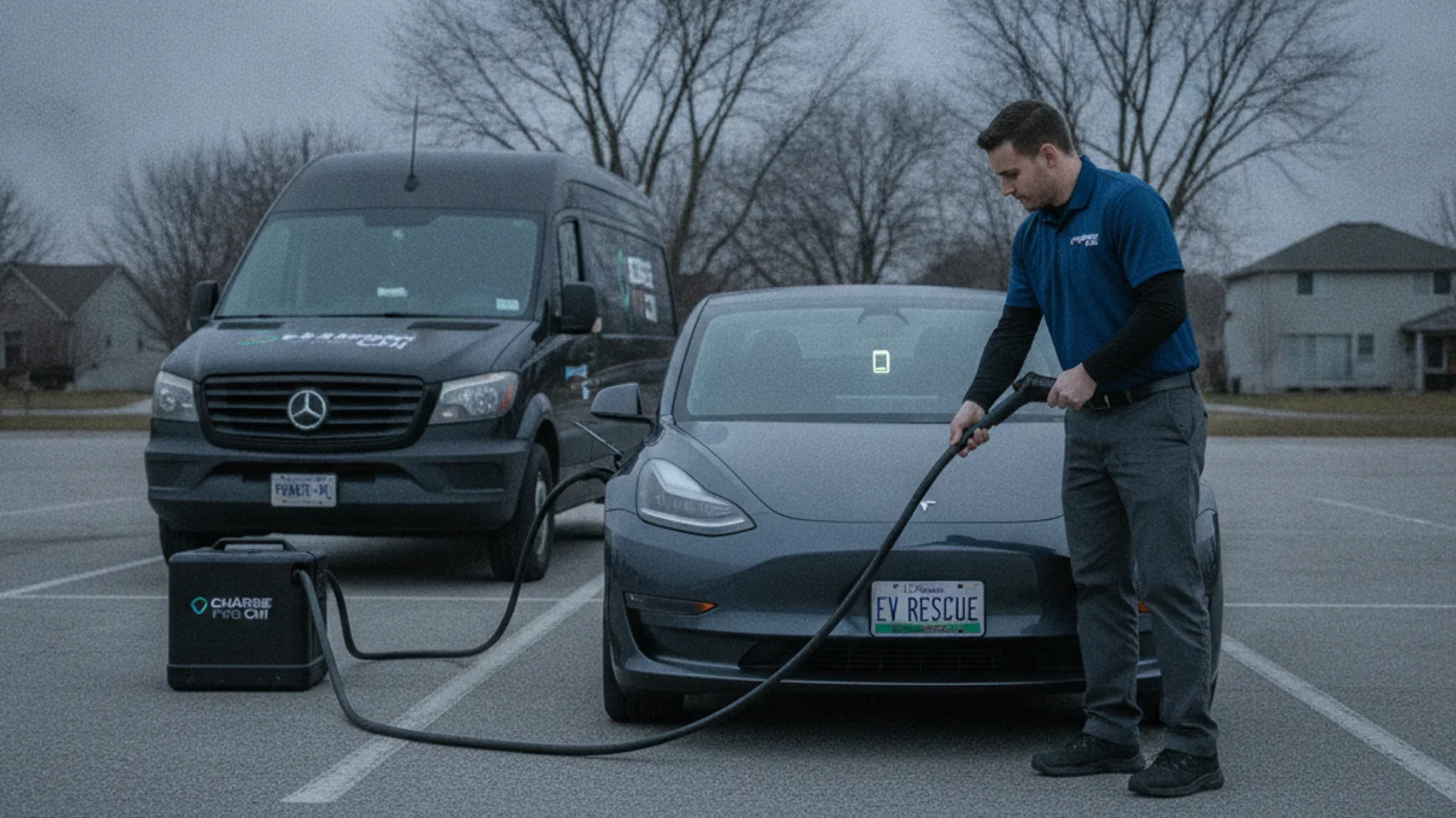 A technician connecting a portable charging cable to an electric SUV on a paved roadside shoulder.