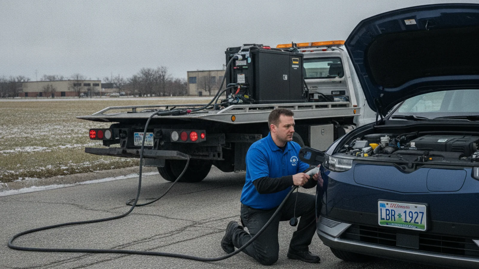 A non-Tesla EV with a CCS adapter connected at a Chicagoland charging site