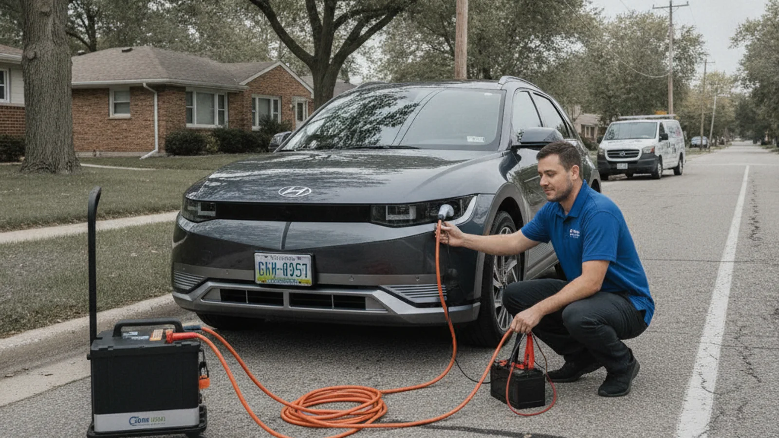 A non-Tesla EV with a CCS adapter connected in a Park Ridge lot