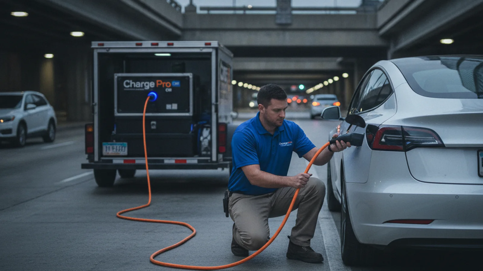 An electric car stopped on a highway shoulder at night as a mobile charging truck pulls up behind it