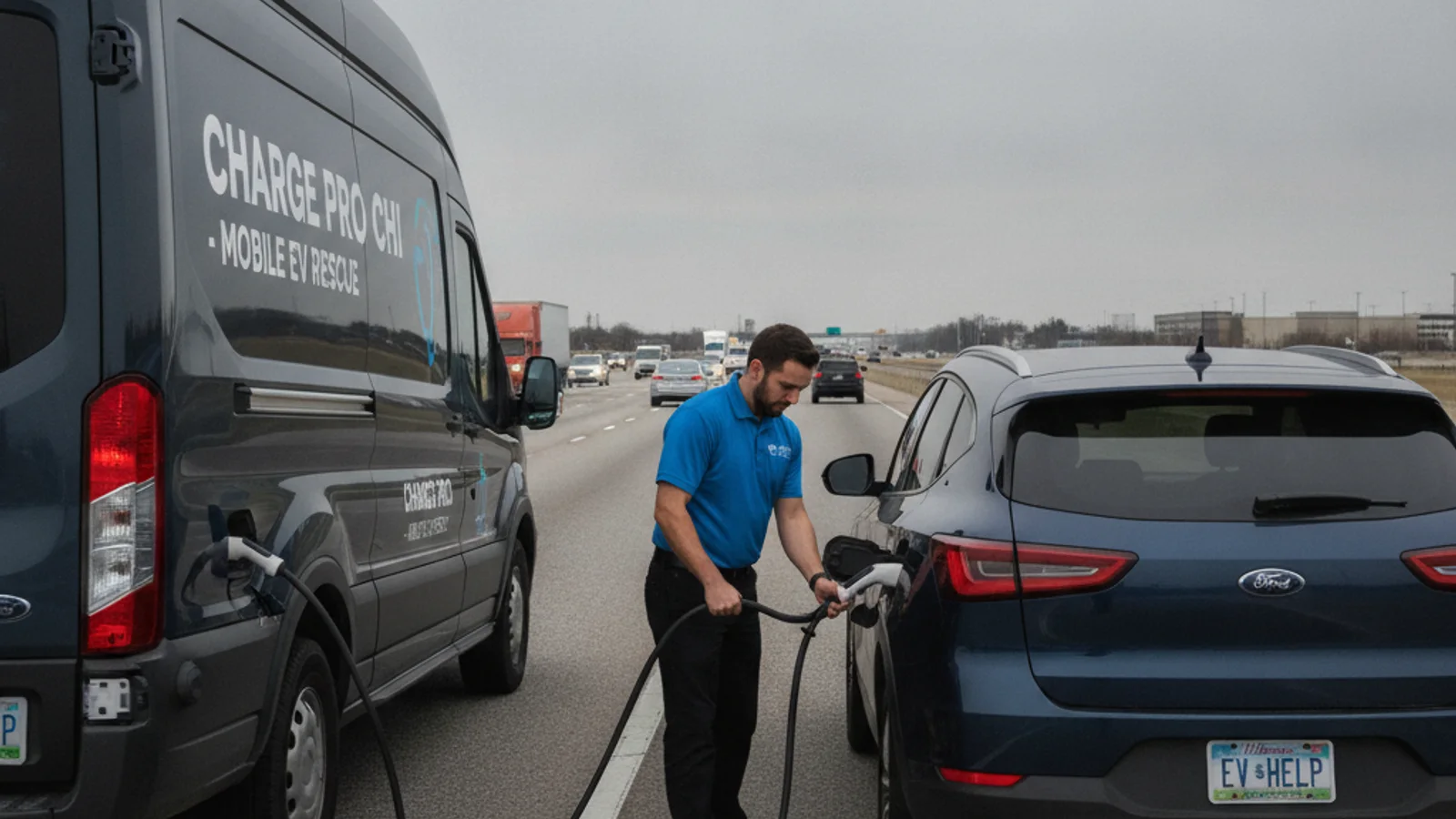 An electric SUV on a freeway shoulder with hazard lights on as a mobile charging vehicle approaches from behind