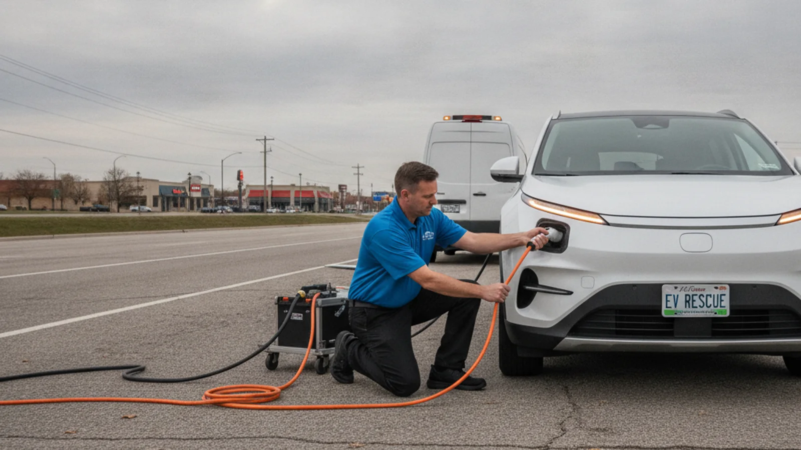 An electric vehicle parked on a paved roadside shoulder while the driver waits outside the car