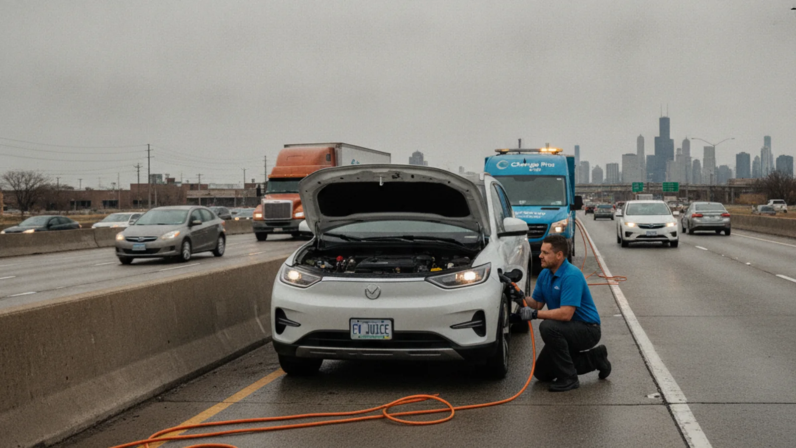 EV stopped on a busy freeway shoulder with hazard lights on and a mobile charging truck approaching
