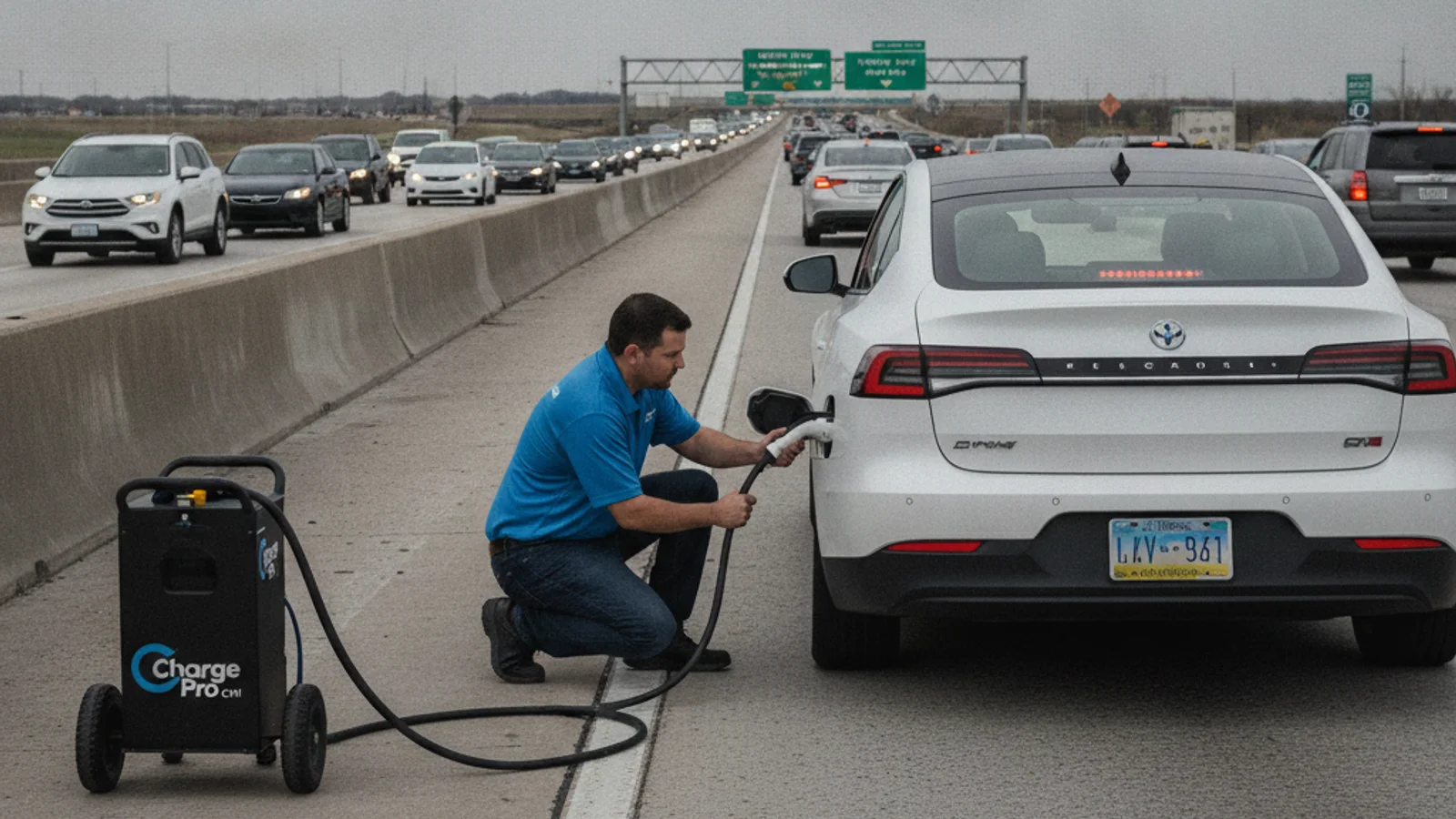 A stalled EV on the shoulder of the Kennedy Expressway in stopped traffic