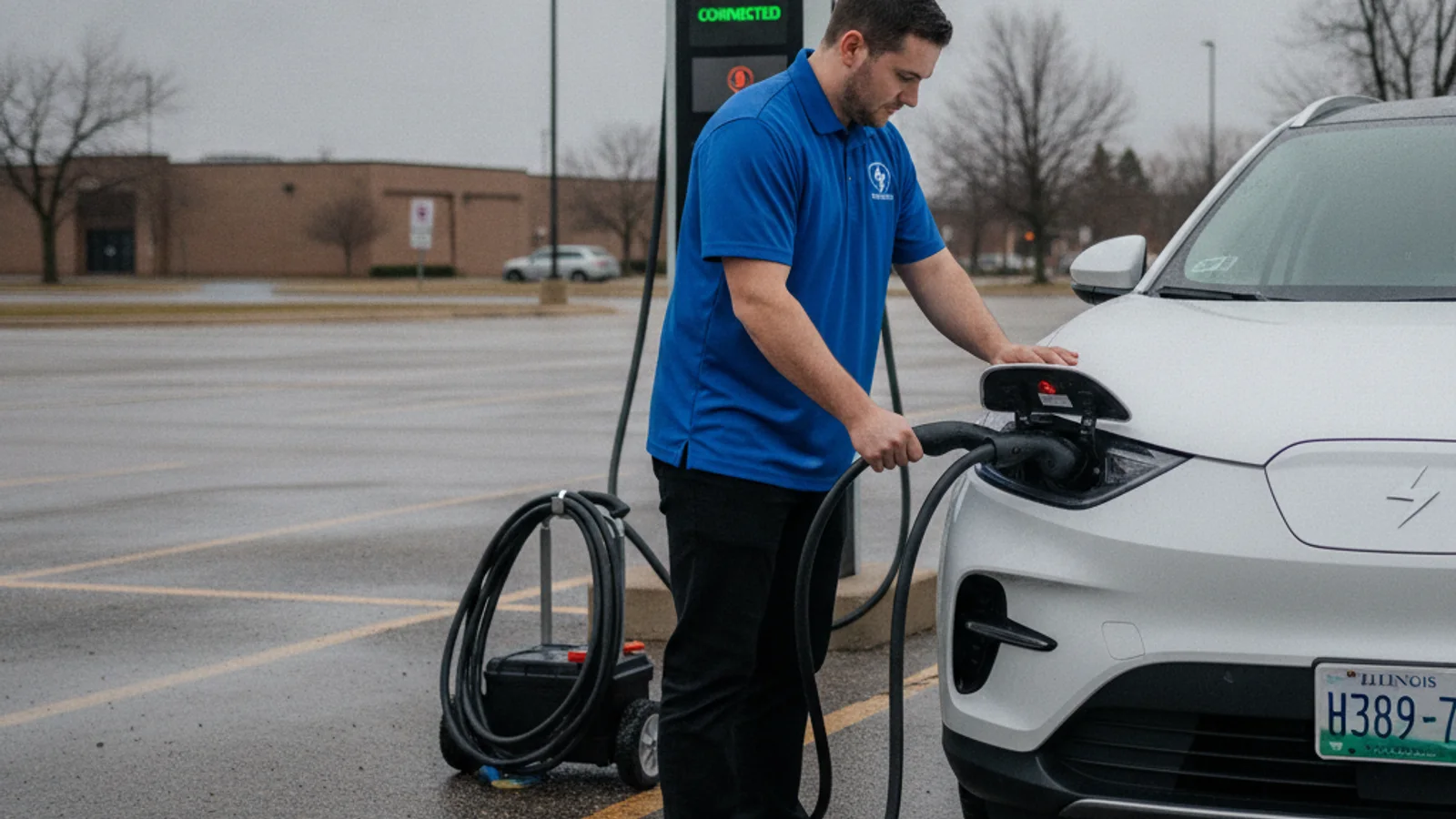 Driver standing beside a public EV charging kiosk with an error light in a parking lot
