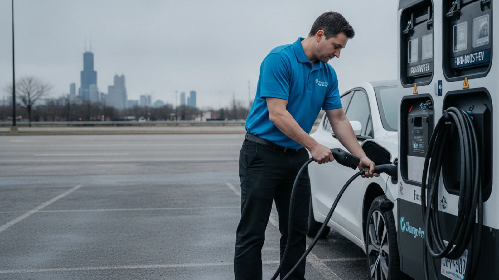 A driver beside a parked electric car checking a phone at a roadside curb