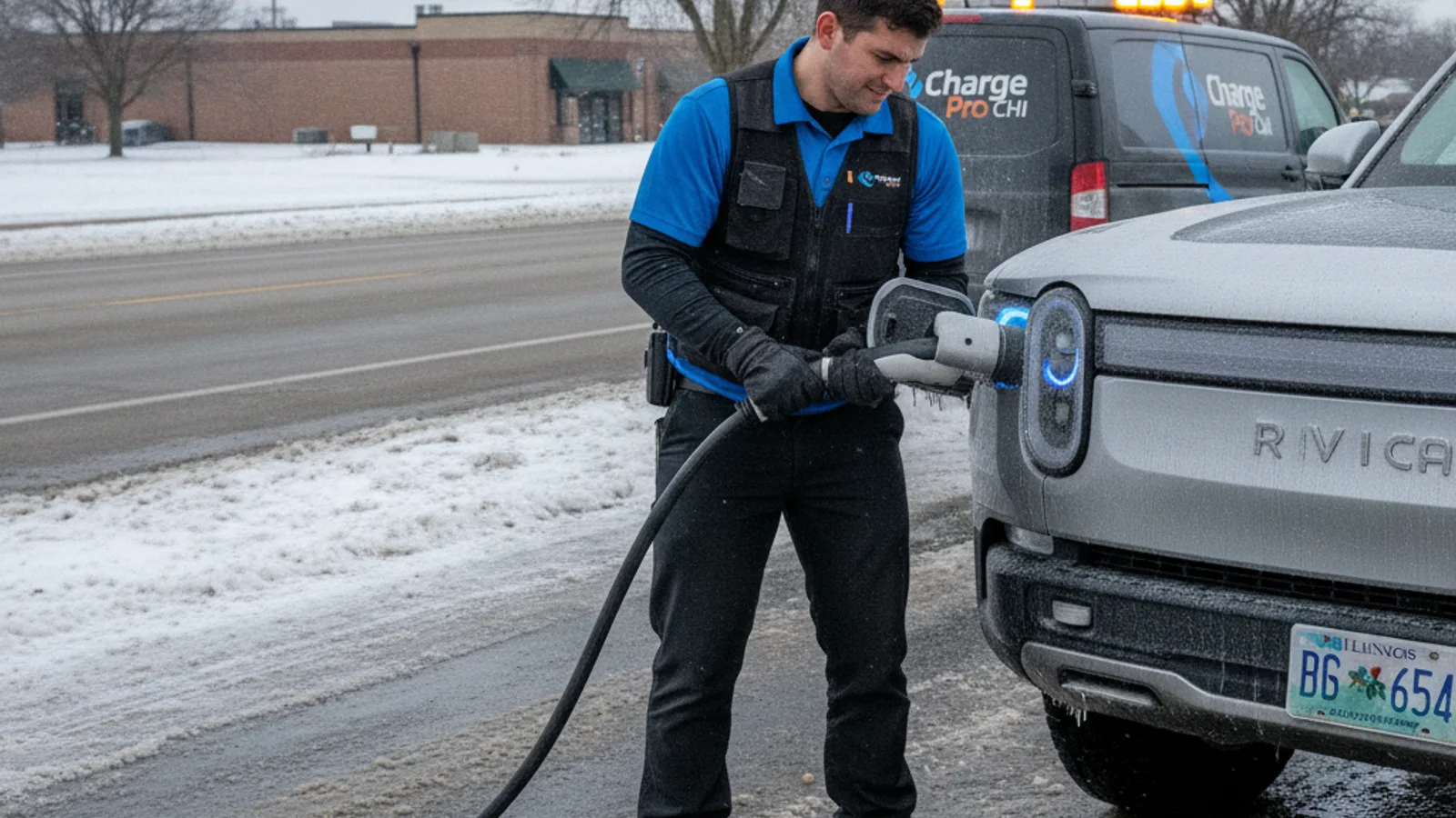 A Rivian R1T with a frozen charge port door in a Chicagoland driveway