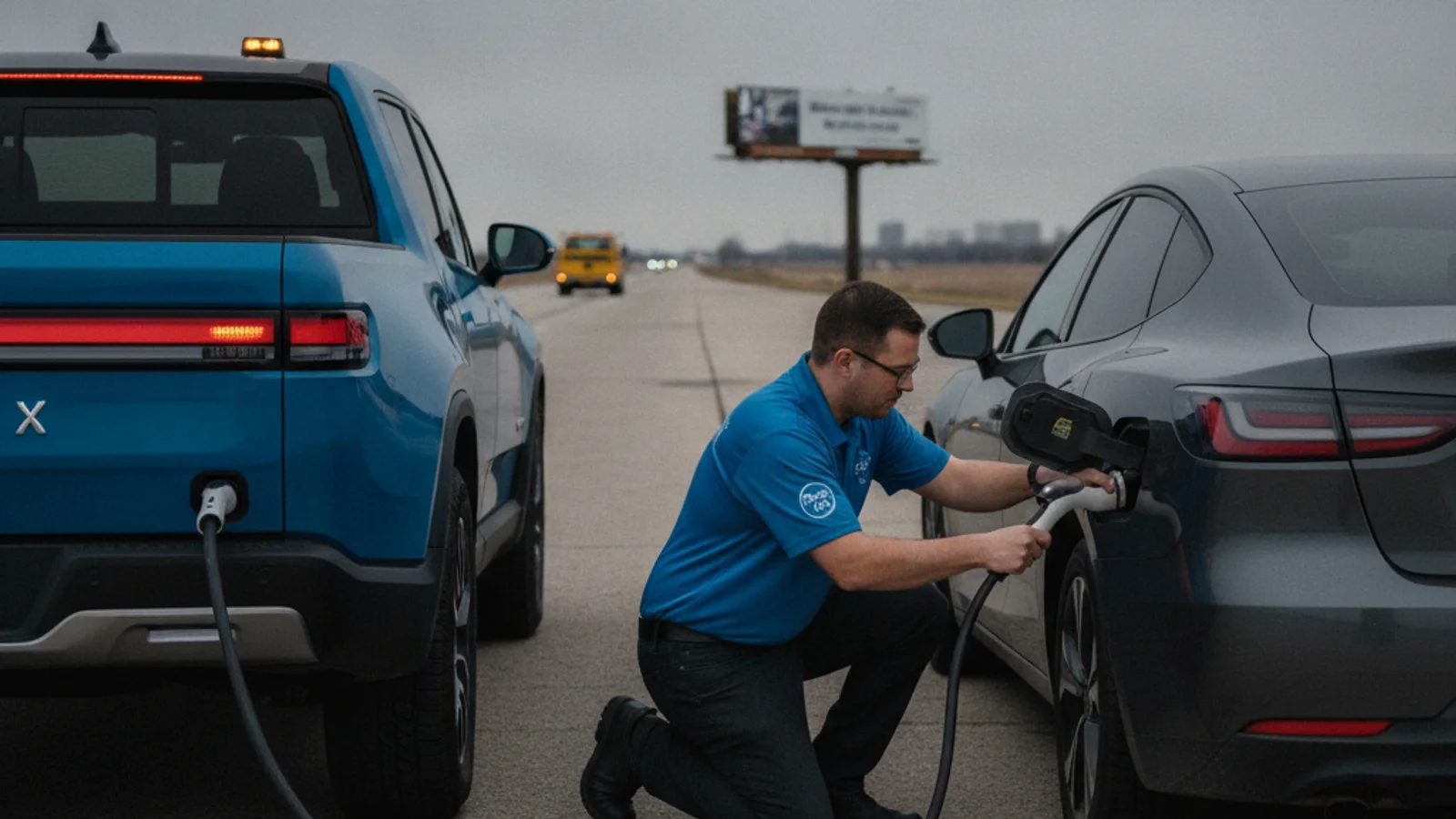 A Rivian R1T driving on a Chicagoland highway with the driver's hands off the wheel