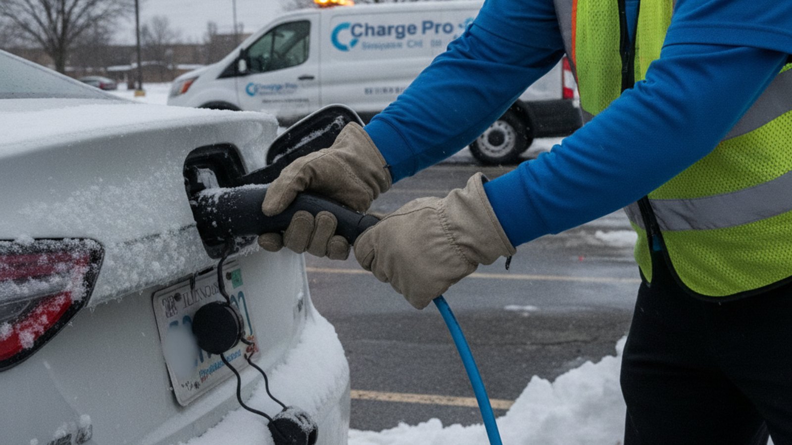 Hands pulling a manual charge-port release cable behind interior trim in an EV cargo area