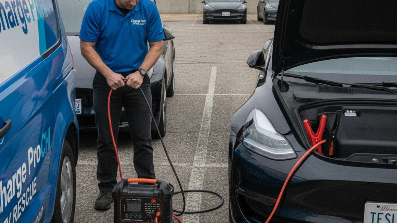 Open Tesla frunk with the 12V battery exposed and the red positive jump post visible