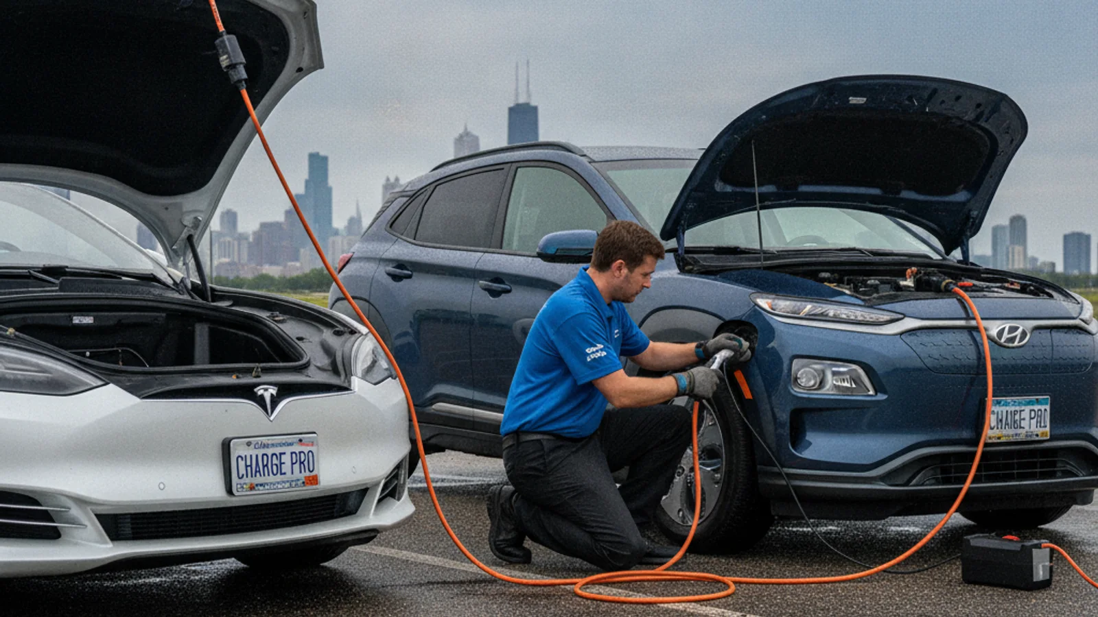 Driver holding jumper cables between two parked cars, one with its hood raised
