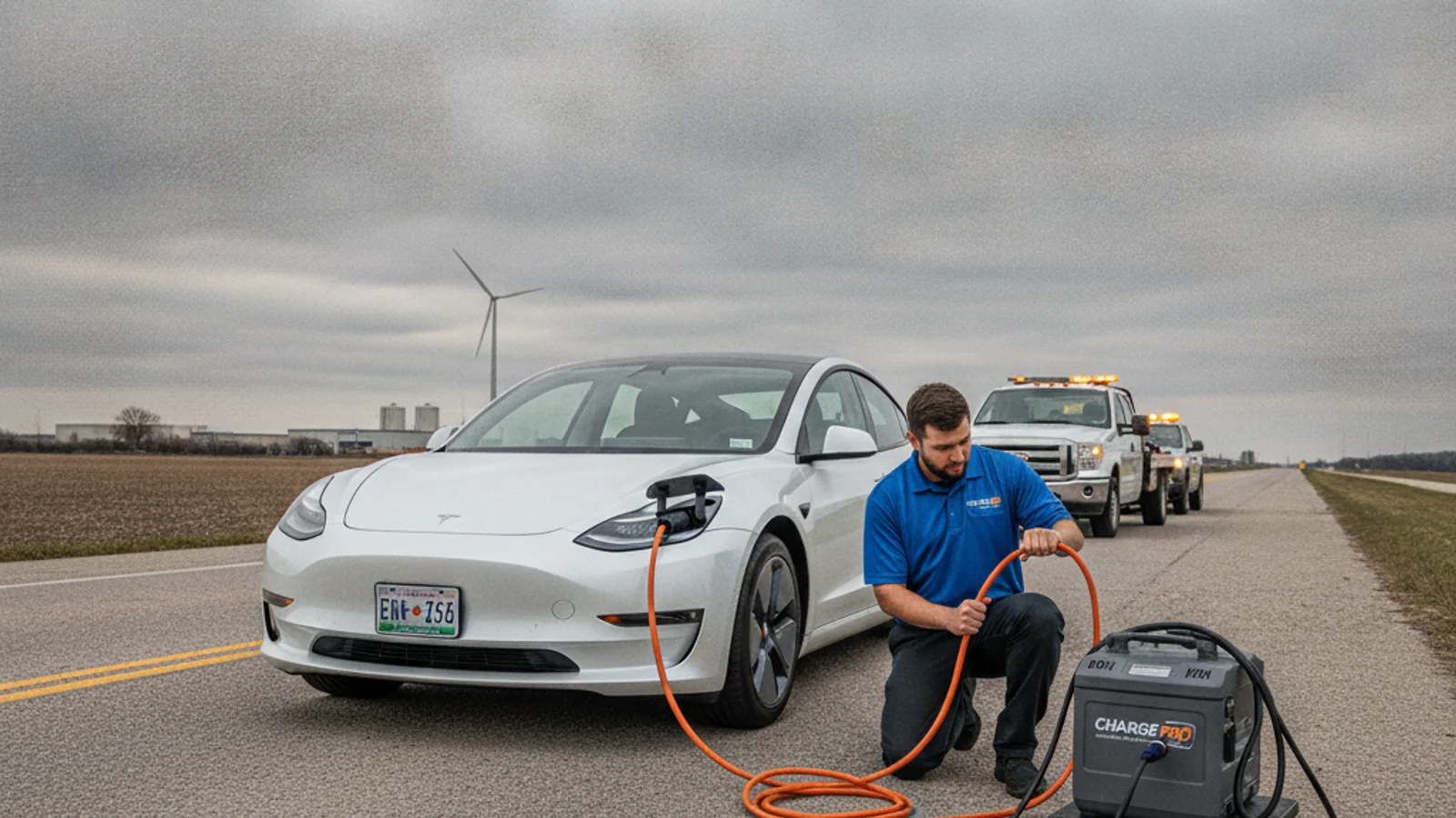 A Tesla pulled onto a Chicagoland road shoulder with hazard lights on