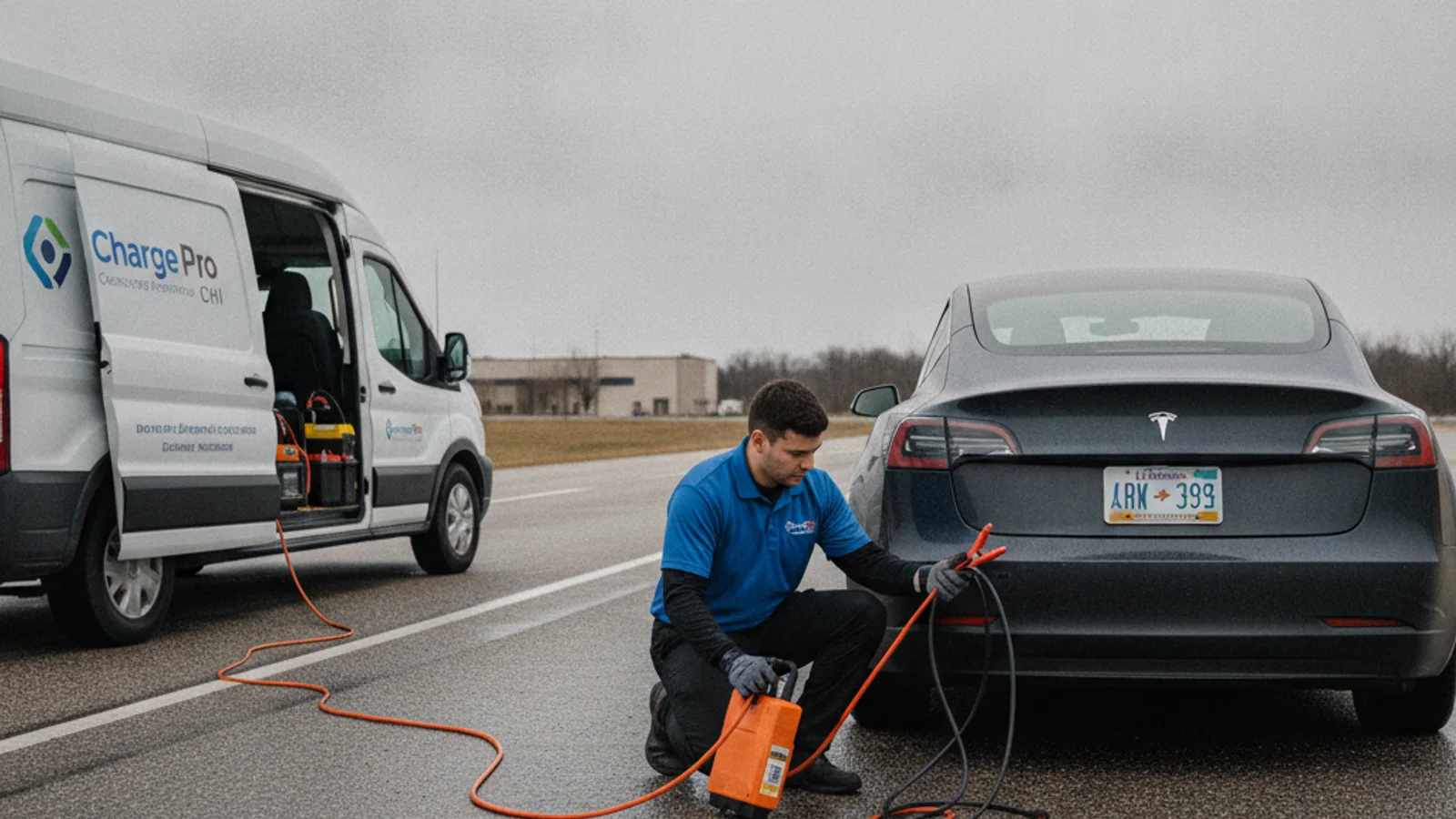 A technician kneeling beside a white electric sedan with the charge port open on a paved shoulder