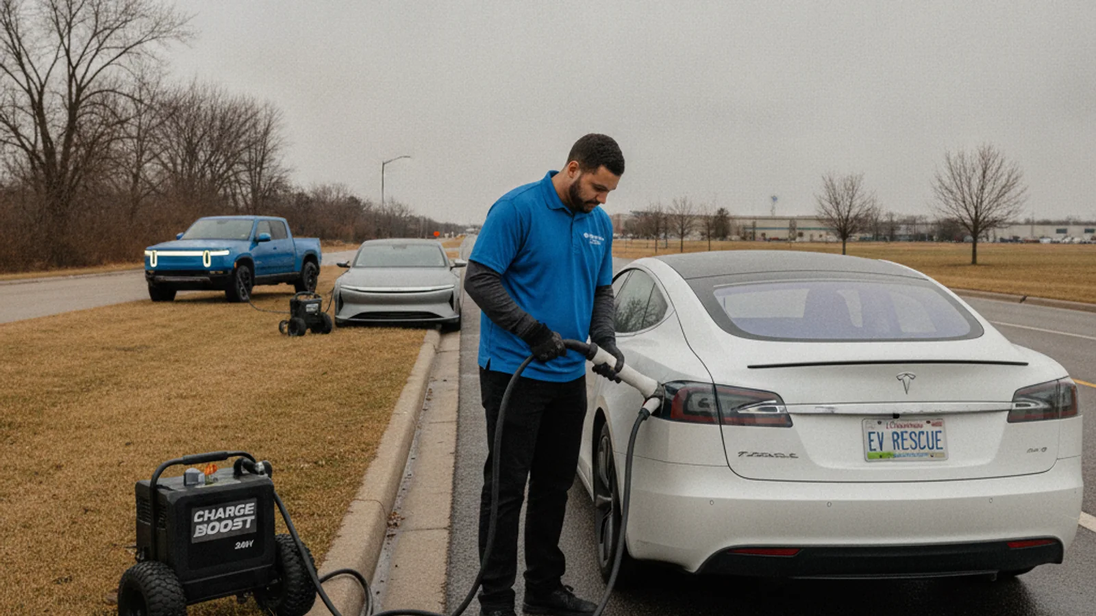 Three premium EVs parked in a Chicagoland lot with charging cables running