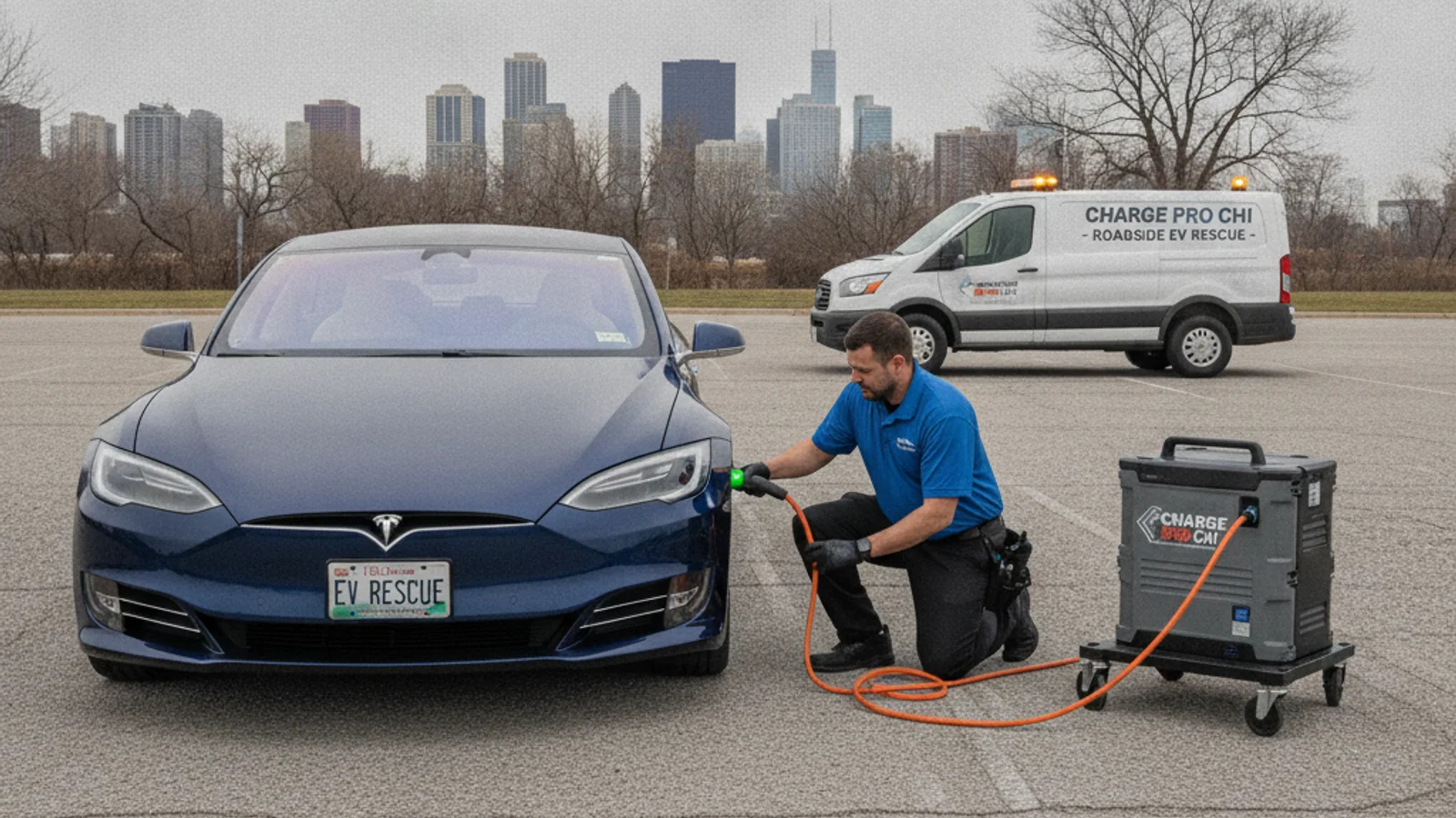 A dark-screen Tesla being winched onto a flatbed at dusk, wheels pointed straight, a technician guiding the cable.