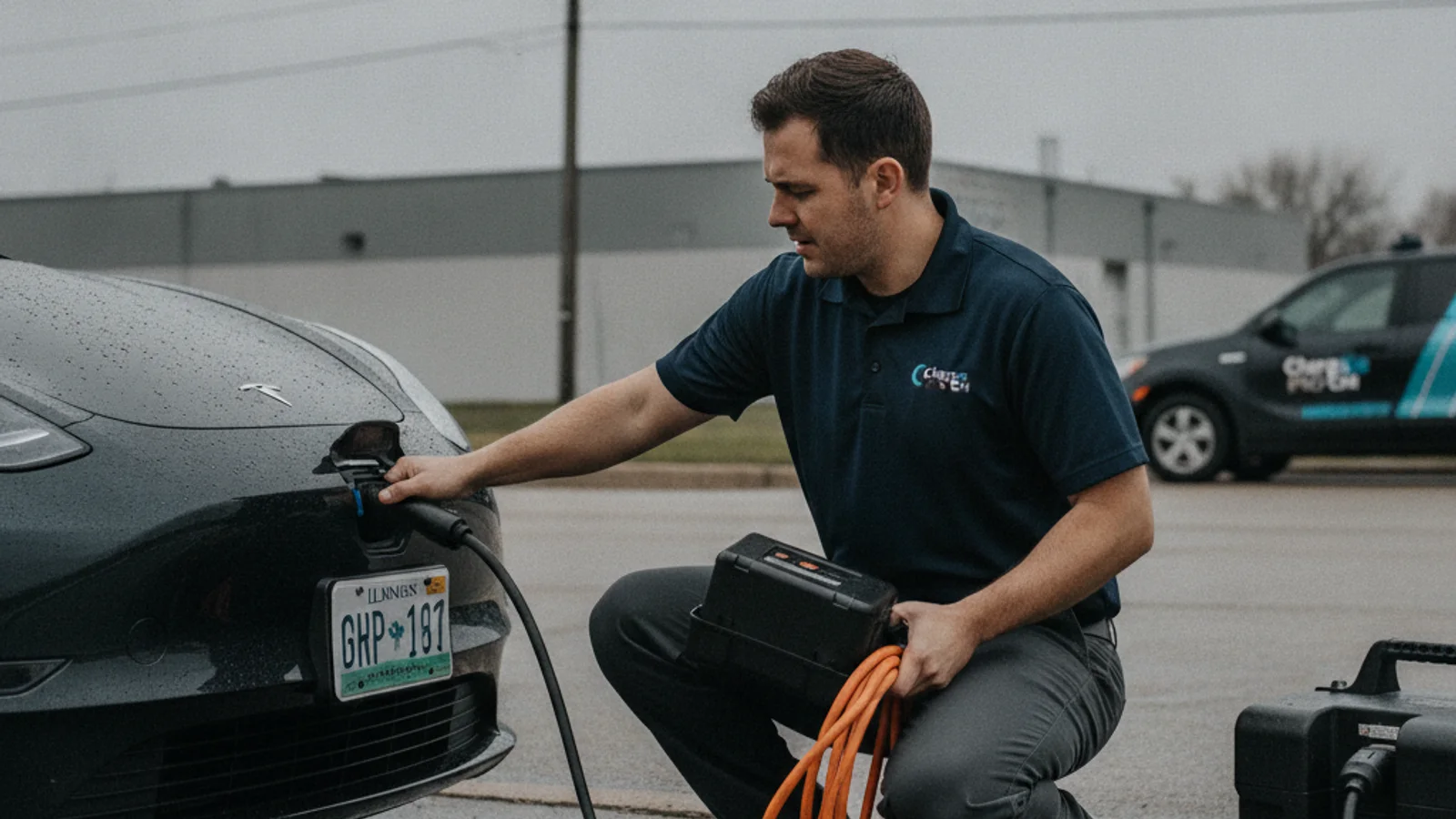 A driver checks a charging session status screen on a public EV charging kiosk in a parking lot