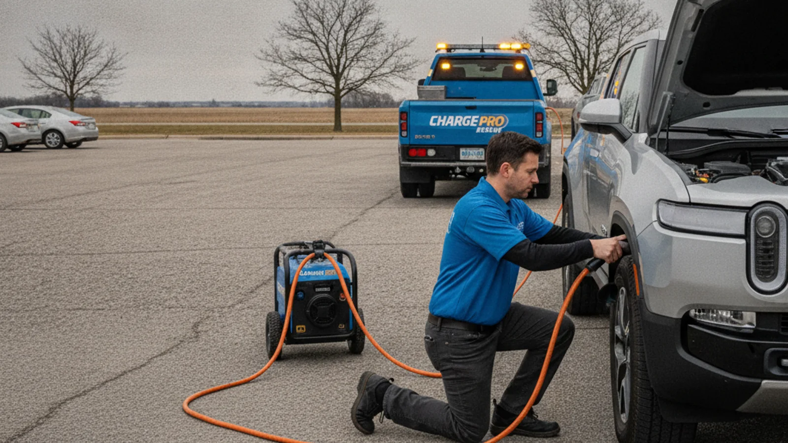A Rivian R1T plugged into a CCS charger at a Chicagoland charging site
