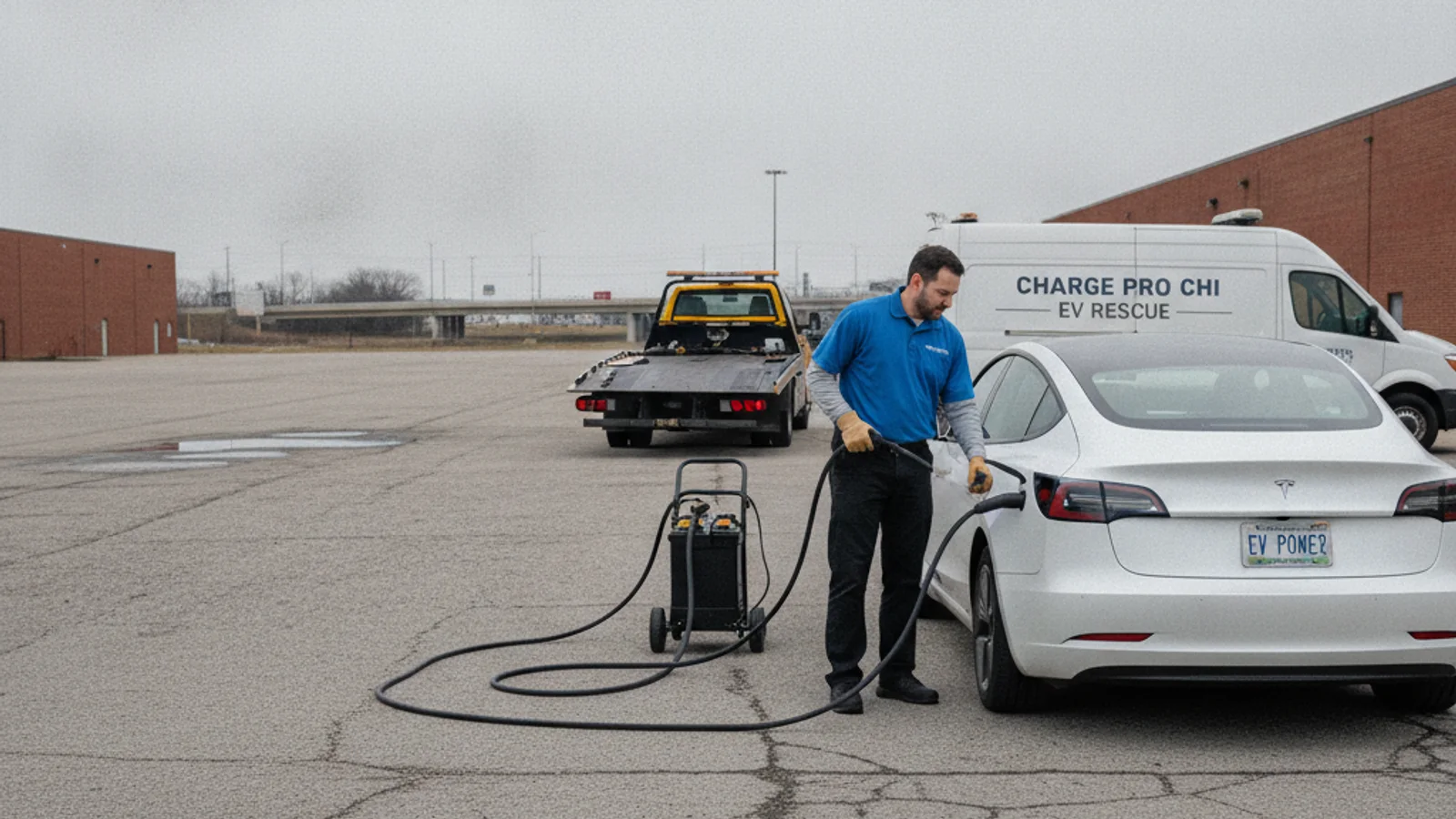 A charging cable locked into the port of a white electric sedan parked at a curb.