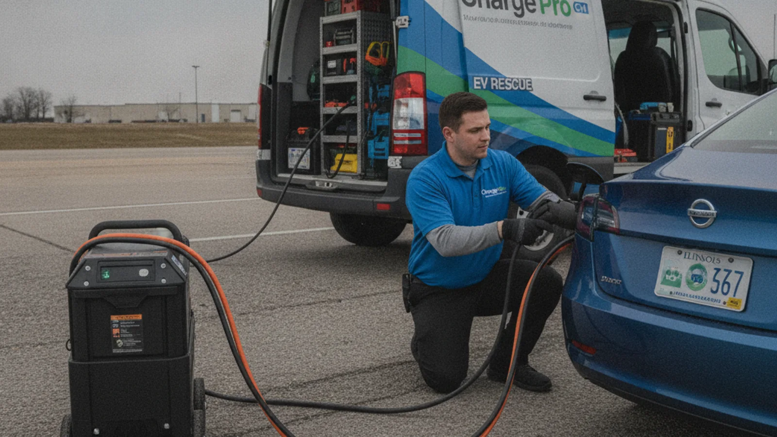 Cables and plug adapters set out beside a van at the roadside