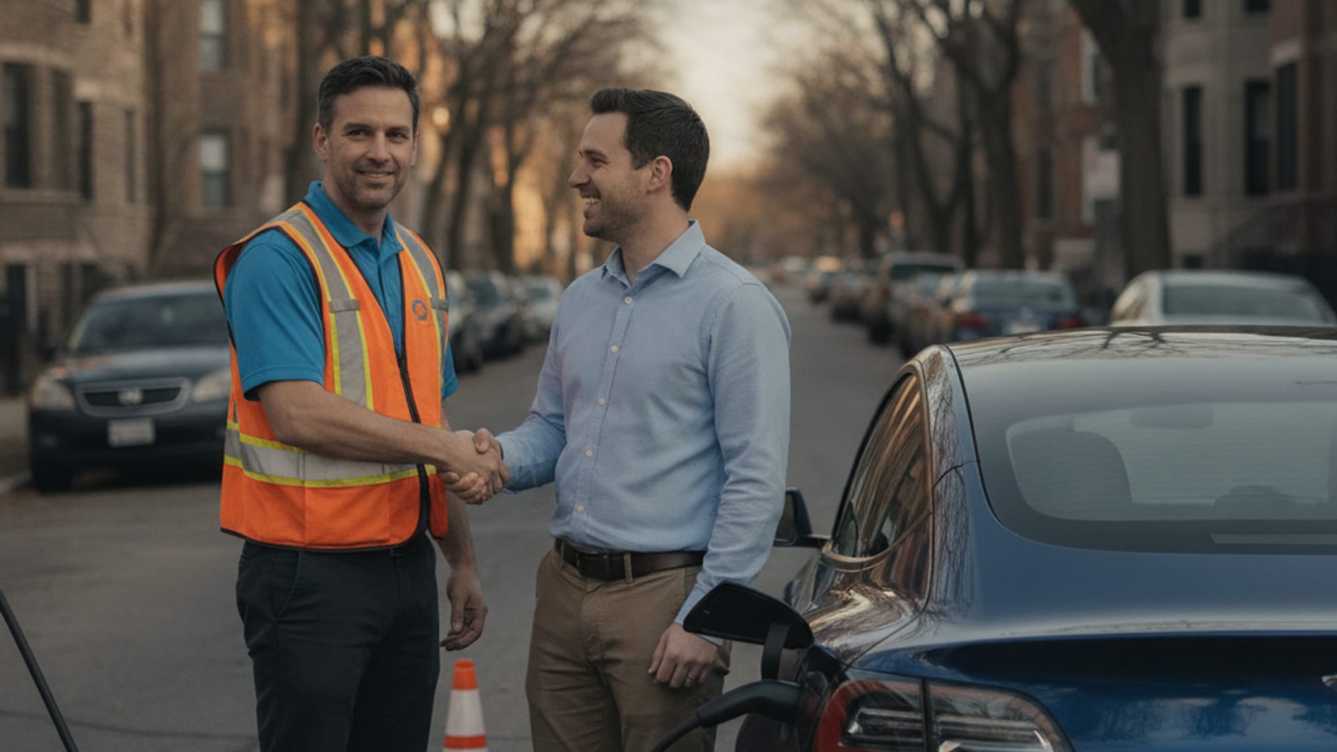 A mobile EV rescue technician in an electric-blue polo shaking hands with a relieved Tesla owner beside a Model 3 on a Chicagoland street at golden hour