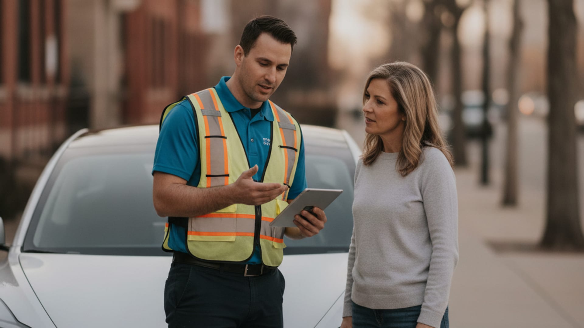 Charge Pro CHI technician in an electric-blue polo explaining the rescue process to a relieved Tesla owner beside a charging Model 3