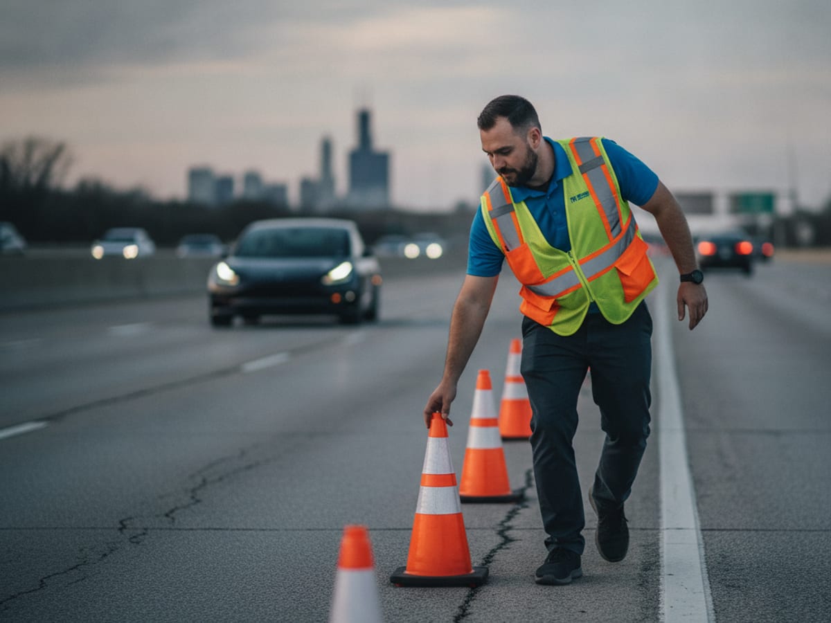 A mobile EV rescue technician in an electric-blue polo deploying orange safety cones on a Chicagoland freeway shoulder beside a stranded Tesla