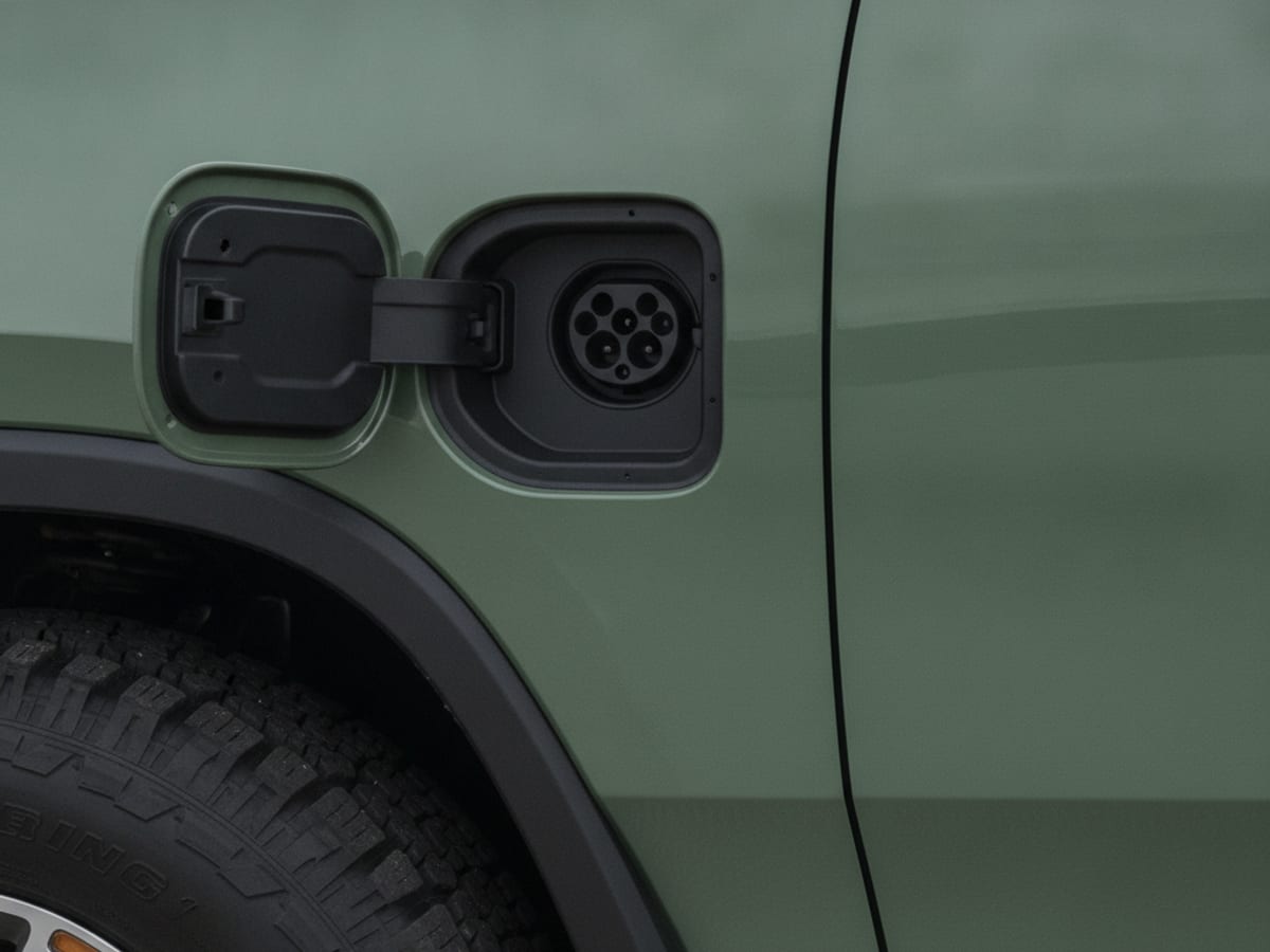 A mobile EV rescue technician connecting a CCS adapter on a NACS charging cable to a stranded Rivian R1T charge port