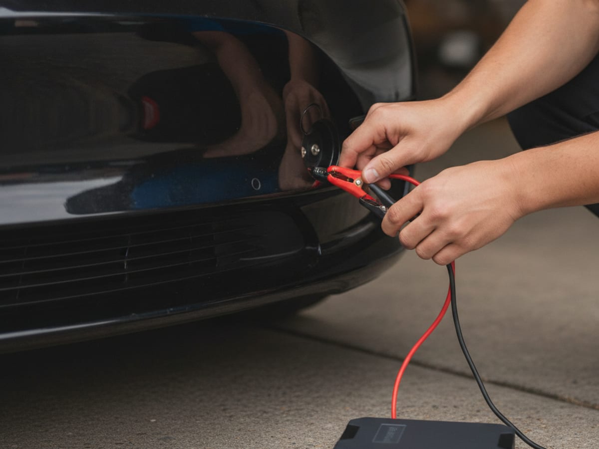 Technician reaching into the towing eye access point on a Tesla Model 3 to connect a 12V jump pack
