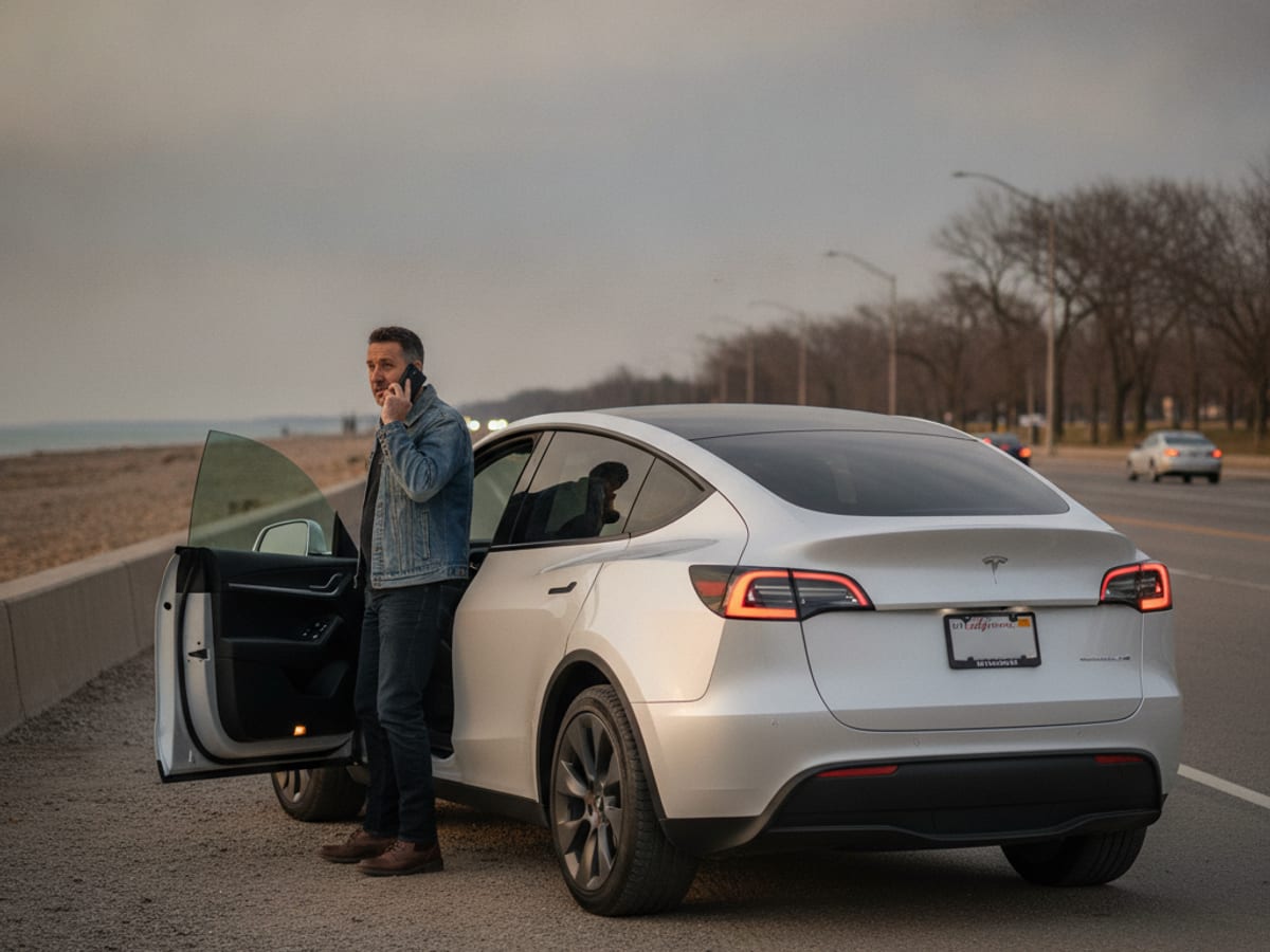A mobile EV rescue technician connecting a NACS charging cable to a stranded Tesla Model Y charge port on a Chicagoland street